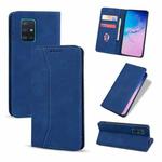 For Samsung Galaxy A51 4G Skin-feel Calfskin Texture Magnetic Dual-Fold Horizontal Flip Leather Case with Holder & Card Slots & Wallet(Blue)