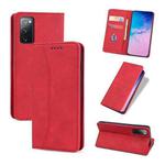 For Samsung Galaxy S20 FE Skin-feel Calfskin Texture Magnetic Dual-Fold Horizontal Flip Leather Case with Holder & Card Slots & Wallet(Red)