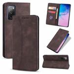 For Samsung Galaxy S20 FE Skin-feel Calfskin Texture Magnetic Dual-Fold Horizontal Flip Leather Case with Holder & Card Slots & Wallet(Coffee)