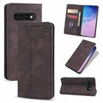 For Samsung Galaxy S10+ Skin-feel Calfskin Texture Magnetic Dual-Fold Horizontal Flip Leather Case with Holder & Card Slots & Wallet(Coffee)