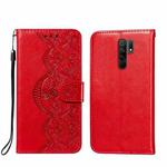 For Xiaomi Redmi 9 Flower Vine Embossing Pattern Horizontal Flip Leather Case with Card Slot & Holder & Wallet & Lanyard(Red)