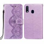 For Samsung  Galaxy A20e Flower Vine Embossing Pattern Horizontal Flip Leather Case with Card Slot & Holder & Wallet & Lanyard(Purple)