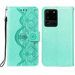 For Samsung Galaxy S20 Ultra Flower Vine Embossing Pattern Horizontal Flip Leather Case with Card Slot & Holder & Wallet & Lanyard(Green)