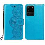 For Samsung Galaxy S20 Ultra Flower Vine Embossing Pattern Horizontal Flip Leather Case with Card Slot & Holder & Wallet & Lanyard(Blue)