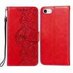 For iPhone SE 2022 / SE 2020 / 8 / 7 Flower Vine Embossing Pattern Horizontal Flip Leather Case with Card Slot & Holder & Wallet & Lanyard(Red)