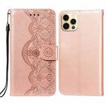 Flower Vine Embossing Pattern Horizontal Flip Leather Case with Card Slot & Holder & Wallet & Lanyard For iPhone 12 / 12 Pro(Rose Gold)
