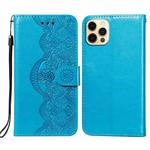 Flower Vine Embossing Pattern Horizontal Flip Leather Case with Card Slot & Holder & Wallet & Lanyard For iPhone 12 / 12 Pro(Blue)