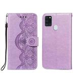For Samsung Galaxy A21s Flower Vine Embossing Pattern Horizontal Flip Leather Case with Card Slot & Holder & Wallet & Lanyard(Purple)