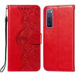 For Huawei nova 7 5G Flower Vine Embossing Pattern Horizontal Flip Leather Case with Card Slot & Holder & Wallet & Lanyard(Red)