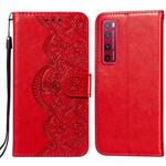 For Huawei nova 7 Pro 5G Flower Vine Embossing Pattern Horizontal Flip Leather Case with Card Slot & Holder & Wallet & Lanyard(Red)