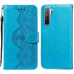 For Huawei nova 7 SE Flower Vine Embossing Pattern Horizontal Flip Leather Case with Card Slot & Holder & Wallet & Lanyard(Blue)