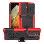 For Samsung Galaxy S21 Ultra 5G Tire Texture Shockproof TPU+PC Protective Case with Holder(Red)