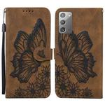 For Samsung Galaxy Note20 Retro Skin Feel Butterflies Embossing Horizontal Flip Leather Case with Holder & Card Slots & Wallet(Brown)