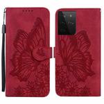 For Samsung Galaxy S21 Ultra  5G Retro Skin Feel Butterflies Embossing Horizontal Flip Leather Case with Holder & Card Slots & Wallet(Red)