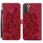 For Samsung Galaxy S21+ 5G Retro Skin Feel Butterflies Embossing Horizontal Flip Leather Case with Holder & Card Slots & Wallet(Red)