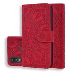 For Galaxy A10s Calf Pattern Mandala Double Folding Design Embossed Leather Case with Wallet & Holder & Card Slots(Red)