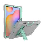 For Samsung Galaxy Tab S6 Lite P610 Contrast Color Robot Shockproof Silicon + PC Protective Case with Holder(Grey + Mint Green)