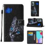 For Samsung Galaxy A52 5G / 4G Cross Texture Painting Pattern Horizontal Flip Leather Case with Holder & Card Slots & Wallet & Lanyard(Blue Butterfly Cat Eyes)