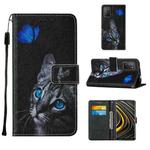 For Xiaomi Poco M3 Cross Texture Painting Pattern Horizontal Flip Leather Case with Holder & Card Slots & Wallet & Lanyard(Blue Butterfly Cat Eyes)
