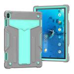 For Lenovo M10 FHD REL TB-X605F T-shaped Bracket Contrast Color Shockproof PC + Silicone Protective Case(Grey + Mint Green)