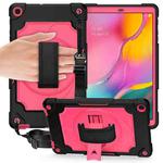 For Samsung Galaxy Tab A 10.1 (2019)/T515 360 Degree Rotation Turntable Contrast Color Robot Shockproof Silicone + PC Protective Case with Holder(Black + Rose Red)