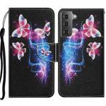 For Samsung Galaxy S21 5G Coloured Drawing Pattern Horizontal Flip PU Leather Case with Holder & Card Slots & Wallet & Lanyard(Three Fluorescent Butterflies)