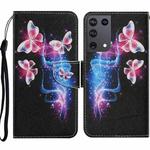 For Samsung Galaxy S21 Ultra 5G Coloured Drawing Pattern Horizontal Flip PU Leather Case with Holder & Card Slots & Wallet & Lanyard(Three Fluorescent Butterflies)