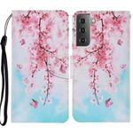 For Samsung Galaxy S21+ 5G Coloured Drawing Pattern Horizontal Flip PU Leather Case with Holder & Card Slots & Wallet & Lanyard(Cherry Blossoms)
