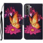 For Samsung Galaxy S21+ 5G Coloured Drawing Pattern Horizontal Flip PU Leather Case with Holder & Card Slots & Wallet & Lanyard(Big Golden Butterfly)