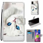 For Samsung Galaxy M51 Coloured Drawing Cross Texture Horizontal Flip PU Leather Case with Holder & Card Slots & Wallet & Lanyard(White Kitten)