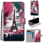 For Samsung Galaxy S20 FE 5G Coloured Drawing Cross Texture Horizontal Flip PU Leather Case with Holder & Card Slots & Wallet & Lanyard(Pink Flower Tower Bridge)