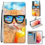 For Samsung Galaxy S21 5G Coloured Drawing Cross Texture Horizontal Flip PU Leather Case with Holder & Card Slots & Wallet & Lanyard(Cat Drinking Soda)