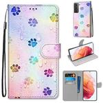For Samsung Galaxy S21 5G Coloured Drawing Cross Texture Horizontal Flip PU Leather Case with Holder & Card Slots & Wallet & Lanyard(Footprint Water Drops)