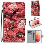 For Samsung Galaxy S21 5G Coloured Drawing Cross Texture Horizontal Flip PU Leather Case with Holder & Card Slots & Wallet & Lanyard(Pink Rose Garden)