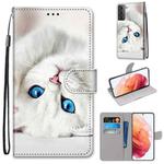 For Samsung Galaxy S21 5G Coloured Drawing Cross Texture Horizontal Flip PU Leather Case with Holder & Card Slots & Wallet & Lanyard(White Kitten)