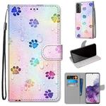 For Samsung Galaxy S21+ 5G Coloured Drawing Cross Texture Horizontal Flip PU Leather Case with Holder & Card Slots & Wallet & Lanyard(Footprint Water Drops)