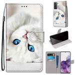 For Samsung Galaxy S21+ 5G Coloured Drawing Cross Texture Horizontal Flip PU Leather Case with Holder & Card Slots & Wallet & Lanyard(White Kitten)