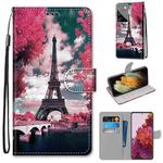 For Samsung Galaxy S21 Ultra 5G Coloured Drawing Cross Texture Horizontal Flip PU Leather Case with Holder & Card Slots & Wallet & Lanyard(Pink Flower Tower Bridge)