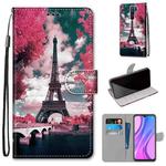 For Xiaomi Redmi 9 Coloured Drawing Cross Texture Horizontal Flip PU Leather Case with Holder & Card Slots & Wallet & Lanyard(Pink Flower Tower Bridge)