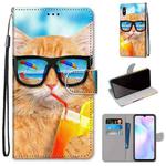 For Xiaomi Redmi 9A Coloured Drawing Cross Texture Horizontal Flip PU Leather Case with Holder & Card Slots & Wallet & Lanyard(Cat Drinking Soda)