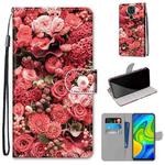 For Xiaomi Redmi 10X 4G / Note 9 Coloured Drawing Cross Texture Horizontal Flip PU Leather Case with Holder & Card Slots & Wallet & Lanyard(Pink Rose Garden)