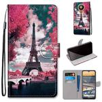 For Nokia 5.3 Coloured Drawing Cross Texture Horizontal Flip PU Leather Case with Holder & Card Slots & Wallet & Lanyard(Pink Flower Tower Bridge)