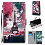For Nokia 7.2 Coloured Drawing Cross Texture Horizontal Flip PU Leather Case with Holder & Card Slots & Wallet & Lanyard(Pink Flower Tower Bridge)