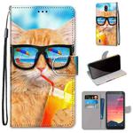 For Nokia C2 Coloured Drawing Cross Texture Horizontal Flip PU Leather Case with Holder & Card Slots & Wallet & Lanyard(Cat Drinking Soda)