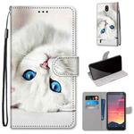 For Nokia C2 Coloured Drawing Cross Texture Horizontal Flip PU Leather Case with Holder & Card Slots & Wallet & Lanyard(White Kitten)