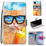 For ZTE Axon 11 5G Coloured Drawing Cross Texture Horizontal Flip PU Leather Case with Holder & Card Slots & Wallet & Lanyard(Cat Drinking Soda)