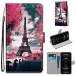 For iPhone 12 mini Coloured Drawing Cross Texture Horizontal Flip Leather Case with Holder & Card Slots & Wallet & Lanyard(Pink Flower Tower Bridge)
