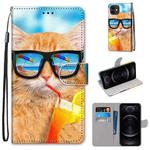 For iPhone 12 / 12 Pro Coloured Drawing Cross Texture Horizontal Flip PU Leather Case with Holder & Card Slots & Wallet & Lanyard(Cat Drinking Soda)