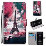 For iPhone 12 / 12 Pro Coloured Drawing Cross Texture Horizontal Flip PU Leather Case with Holder & Card Slots & Wallet & Lanyard(Pink Flower Tower Bridge)