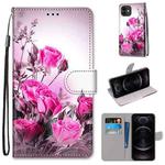 For iPhone 12 / 12 Pro Coloured Drawing Cross Texture Horizontal Flip PU Leather Case with Holder & Card Slots & Wallet & Lanyard(Wild Rose)